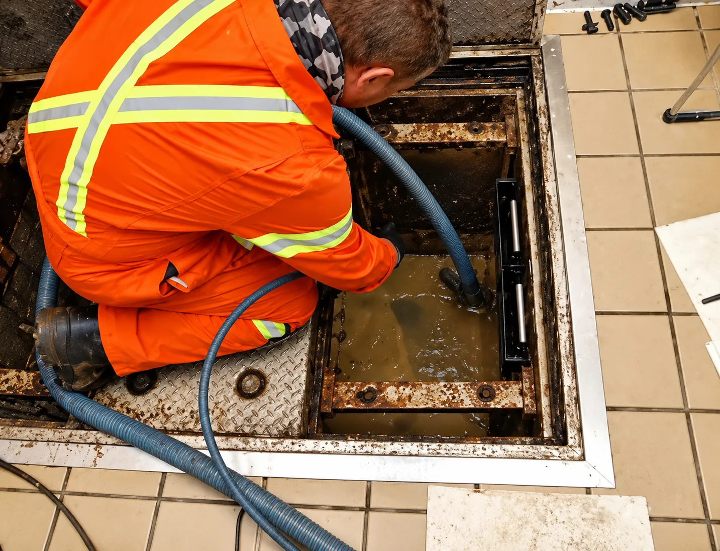 CEVONS crew servicing a commercial grease trap at a restaurant kitchen